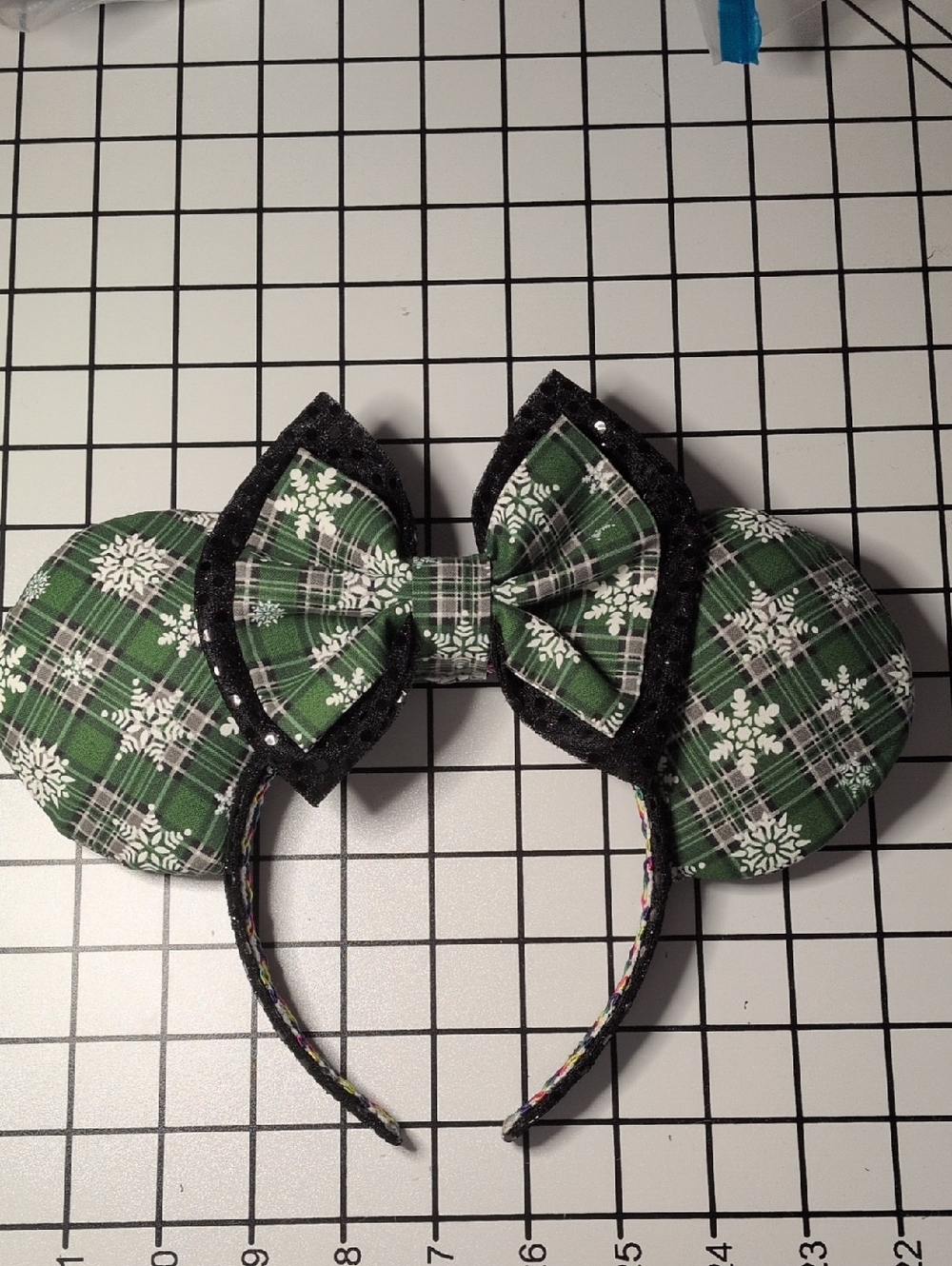 Green Plaid Snowflake Minnie Ears Headband